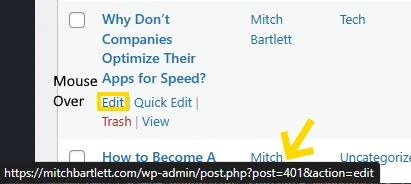 WordPress Post ID shows upon Edit link mouseover