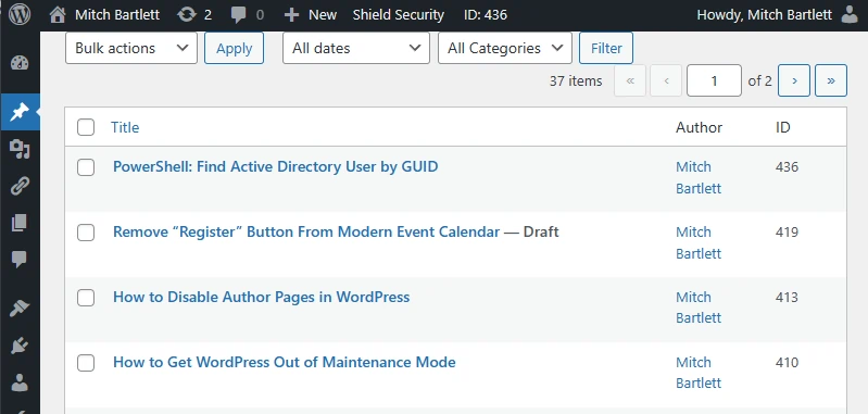 WordPress showing id next to pages using the Show Pages IDs Plugin